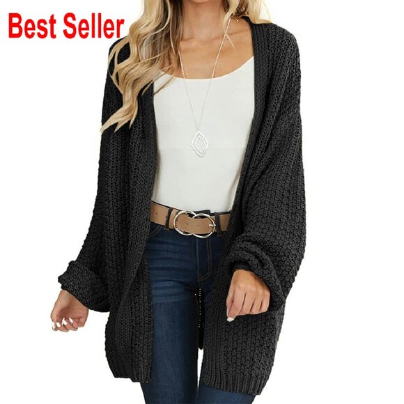 Oversized Chunky Knit Cardigan Open Front Batwing Sleeve Minimal Chic
